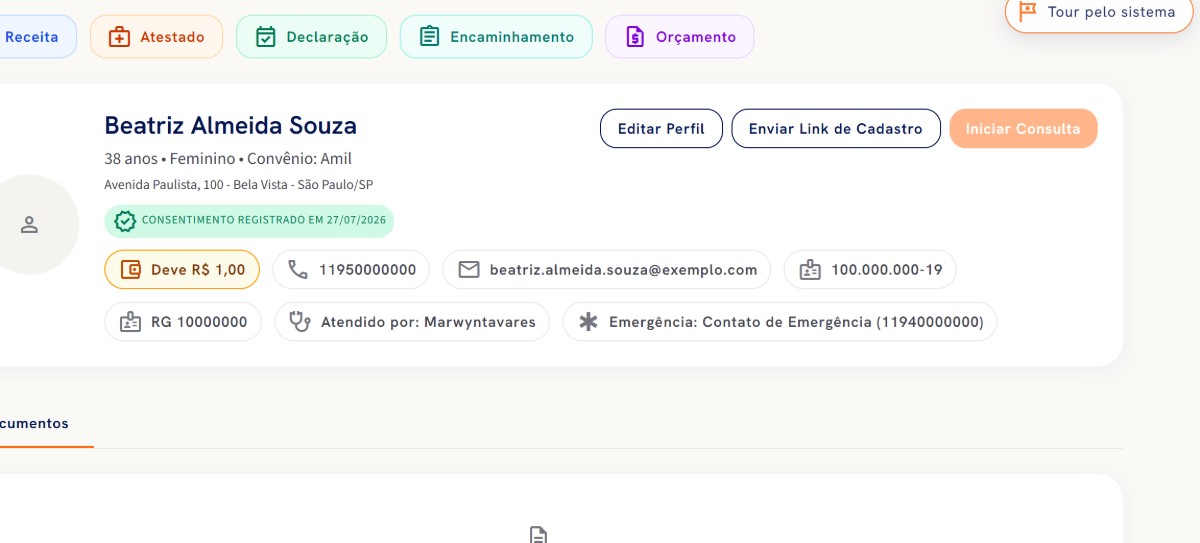 Ficha do paciente com identificação e ações