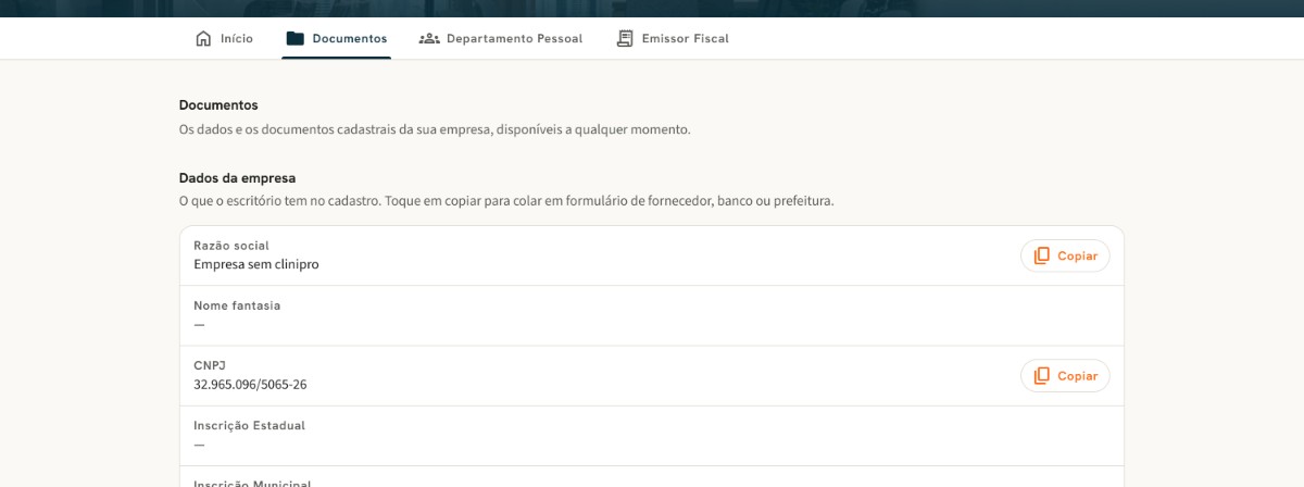 Documentos da empresa no Espaço do Cliente