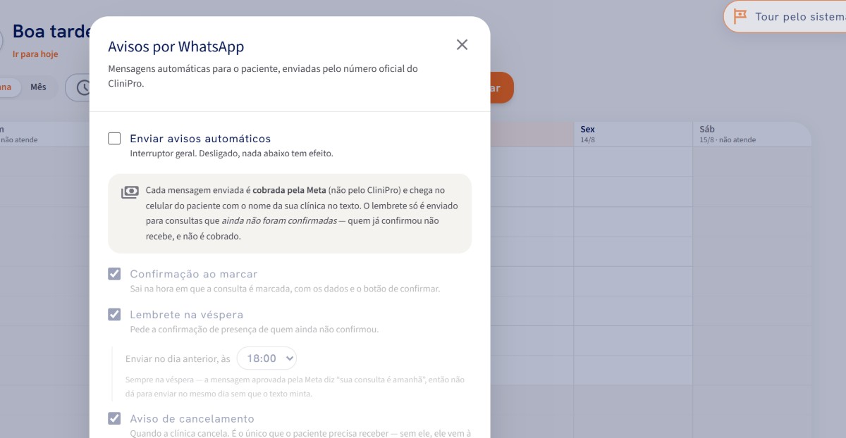 Configuração dos avisos automáticos por WhatsApp